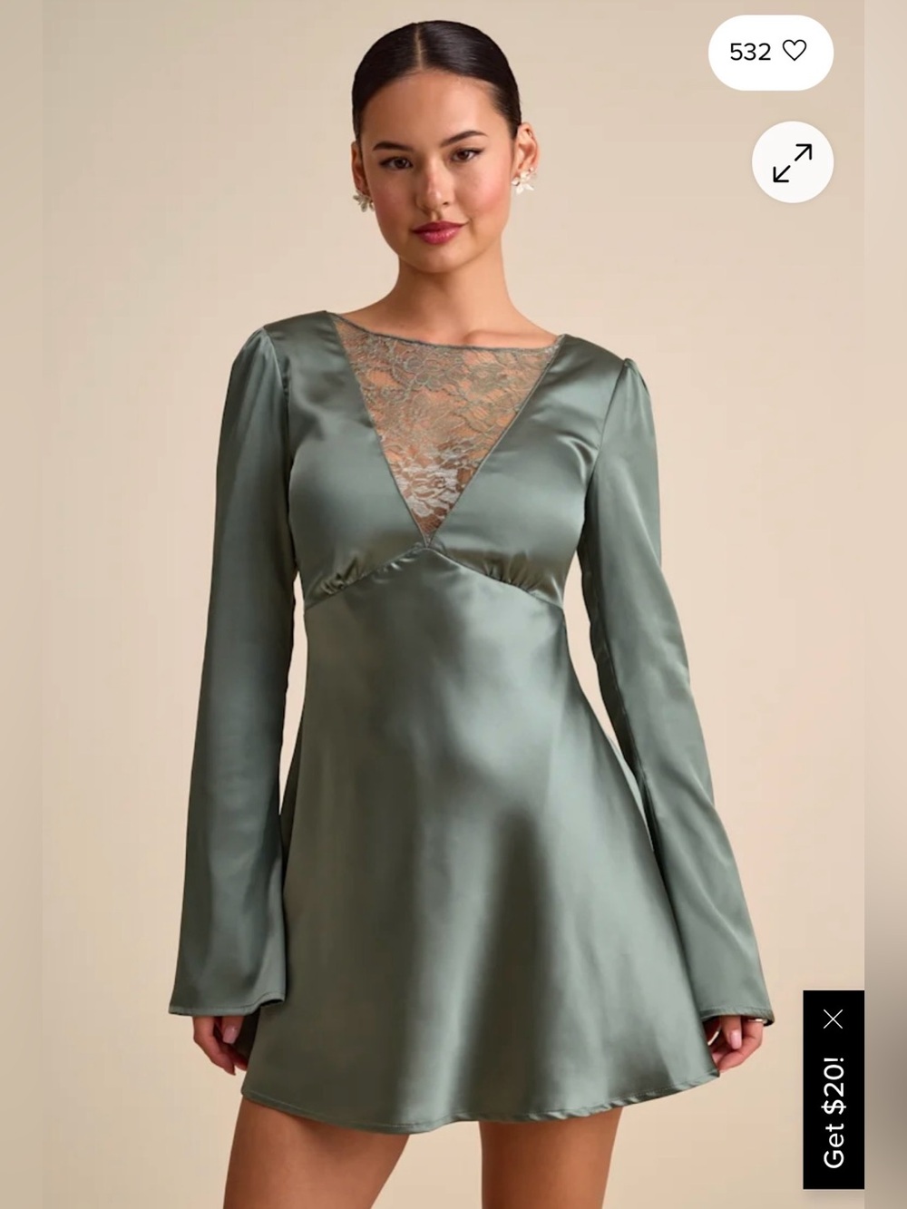 NWT lulus Emberlyn Sage Green Satin Lace Long Sleeve Mini Dress XL